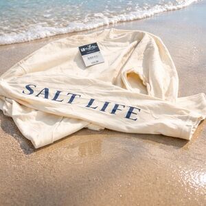 Salt Life Cream Long Sleeve Shirt with Navy Sleeve Logo